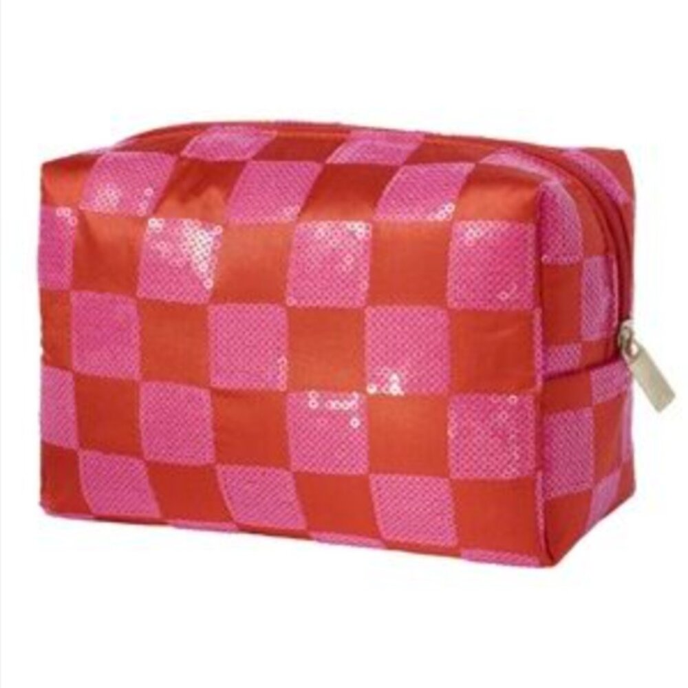 Ulta Beauty Red and Pink Checkered Cosmetic Bag